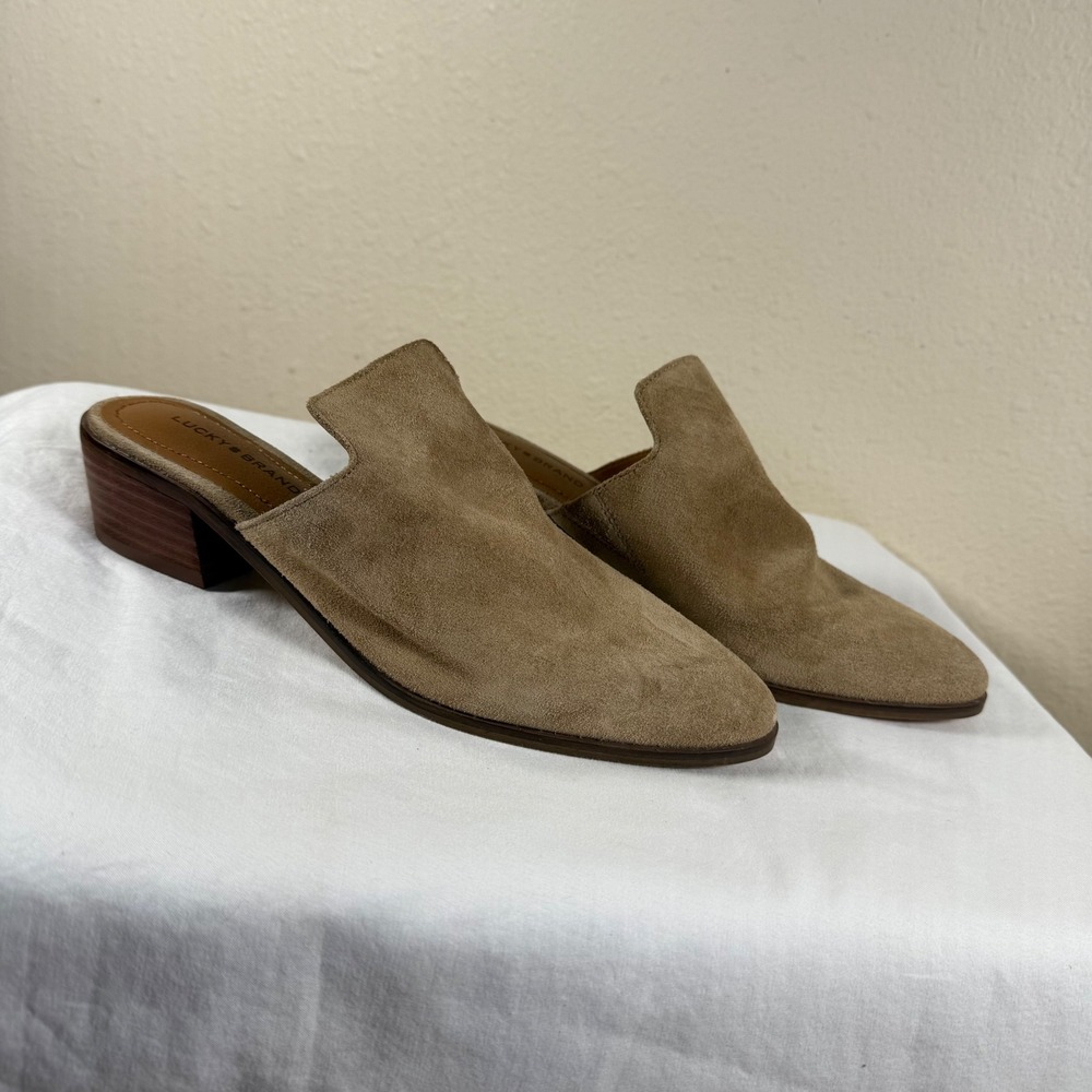 Lucky Brand Meistar Tan Suede Block Heel Mules Pointed Toe Womens 8.5M Business